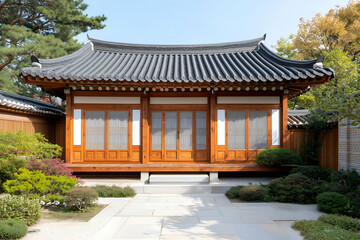 Obraz premium Traditional Korean Hanok House with Wooden Structure and Tiled Roof under Blue Sky
