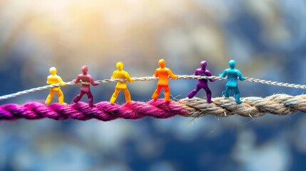 Colorful figurines pulling a rope together, symbolizing teamwork and collaboration.