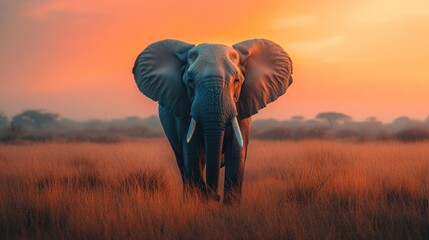 Obraz premium Elephant Standing Tall in a Field at Sunset