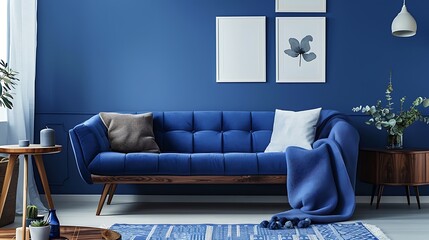 A modern blue living room with a comfortable blue sofa, a sleek wooden table, and chic blue decor elements, offering a sophisticated look
