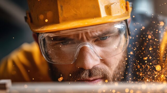 Focused worker in safety gear performing carpentry with precision, showcasing craftsmanship in a workshop environment.