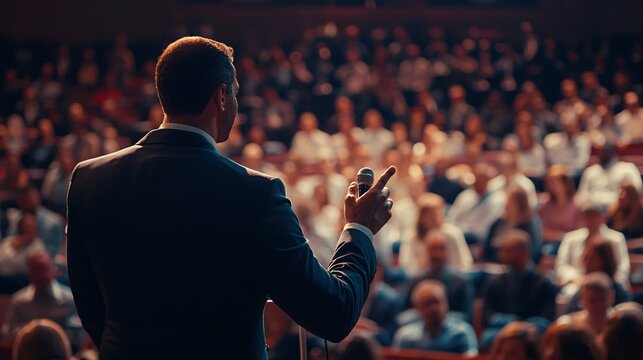 Dynamic Motivational Speaker Inspiring Engagement at a Large Business Seminar Event on Lea