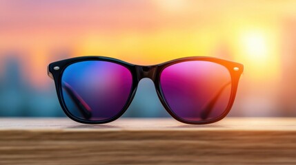 Stylish sunglasses with vibrant lenses against a warm sunset backdrop, perfect for summer fashion and outdoor adventures.