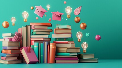 3D Illustration of a Knowledge Base Featuring Books Digital Screens and Educational Symbol