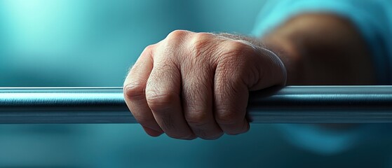 A close-up of a hand gripping a metallic bar, showcasing strength and determination in a soft, blurred background.