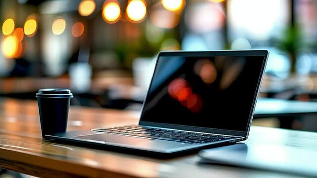a laptop  and  a coffee cup  on  a table