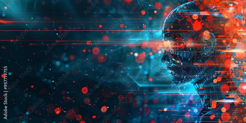 Poster Abstract machine learning concept with AI technology and digital data flow on a technological background