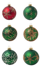 set of christmas ornaments, isolated transparent, png, background, green, red, white pattern gold design