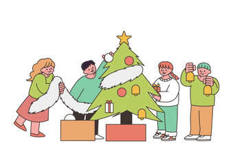 クリスマスツリーと子供たちのイラスト