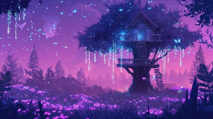 Magical Treehouse in Enchanting Forest with Glowing Butterflies and Flowers