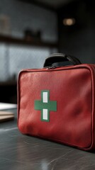 A red first aid kit with a green cross symbol on a table, ready for emergencies and medical assistance.