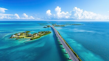 Aerial View of Bridge Over Turquoise Ocean and Islands