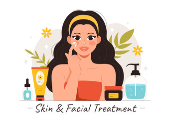 Vector Illustration of Facial and Skin Treatment featuring Women’s Skincare, Anti-Aging Procedures, Massage and SPA Wellness in a Cartoon Background