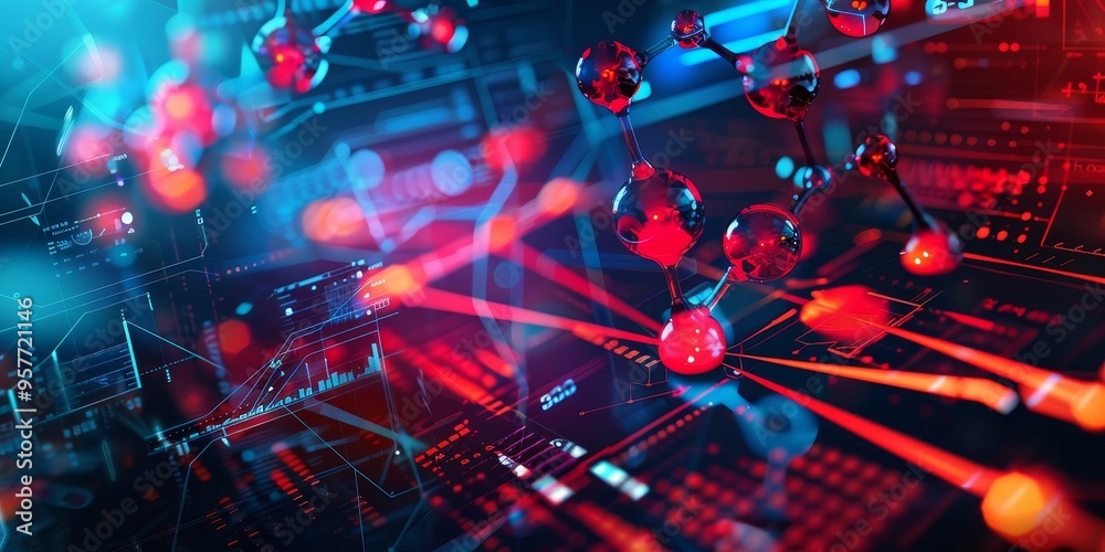 Aufkleber Artistic visualization of a molecular structure in vibrant hues, set against a digital background of scientific calculations and charts
