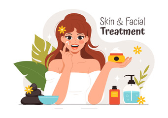 Vector Illustration of Facial and Skin Treatment featuring Women’s Skincare, Anti-Aging Procedures, Massage and SPA Wellness in a Cartoon Background