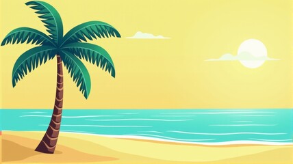 A palm tree is on a beach with the ocean in the background