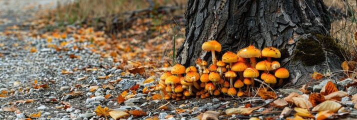 Orange jack-o'-lantern mushrooms by a tree along a gravel pathway
