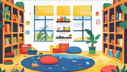 Library room illustration. Home library. Cozy corner for bookworms. The school library. Cartoon 2d illustration background.