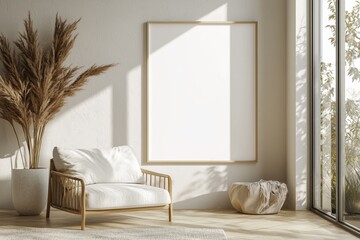 Poster Frame in Beige minimalist living room interior created with generative AI