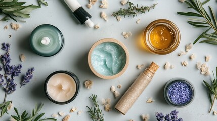 Natural skincare products arranged artistically on a light surface surrounded by herbs and flowers