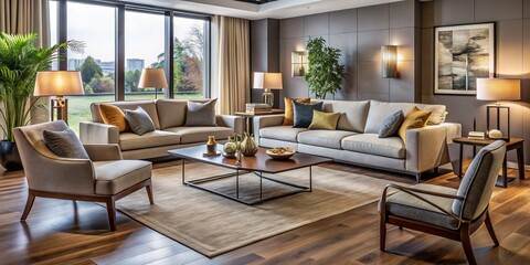 Fototapeta premium Sleek, modern furniture pieces ooze sophistication in a luxurious, elegant setting, seamlessly blending form and