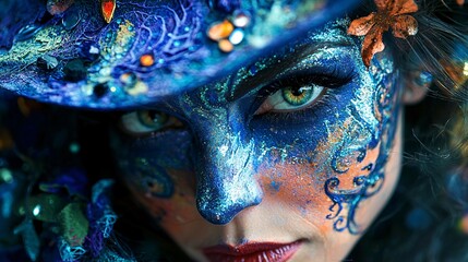 Intricate Halloween Witch Makeup Close-Up Featuring Eerie and Mystical Face Paint Details
