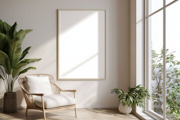 Poster Frame in Beige minimalist living room interior created with generative AI