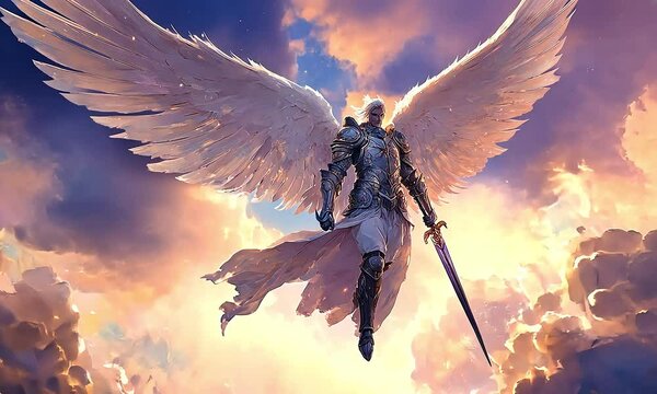 Armored angel warrior with sword in the sky with ai generated.
