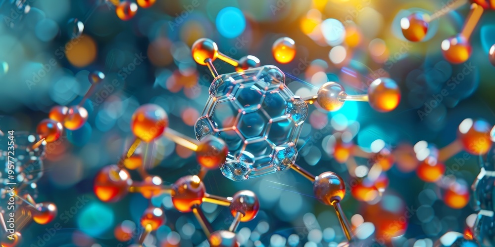 Aufkleber Realistic depiction of a nanomolecule, highlighting its structure and components, with a lab environment in the background