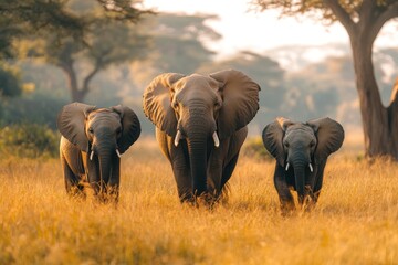 Three Elephants in Tall Grass, Looking Directly at the Viewer
