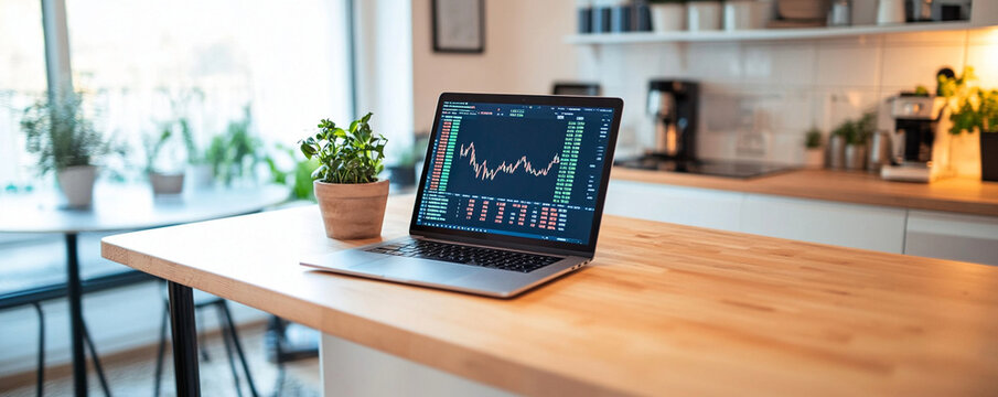 Modern kitchen countertop with laptop displaying stock market data and potted plant, creating productive and stylish workspace.