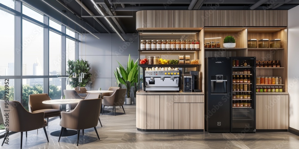 Poster office pantry with coffee machine and snacks, creating a relaxed and social atmosphere for office br