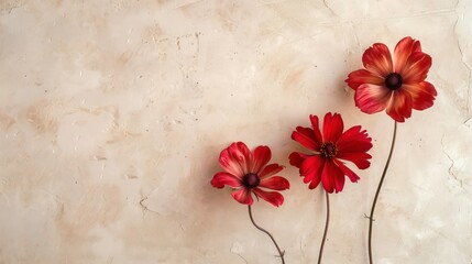 Three red flowers on a light textured background with copy space.