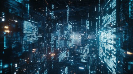 Futuristic Digital Cityscape with Glowing Lights and Data Streams