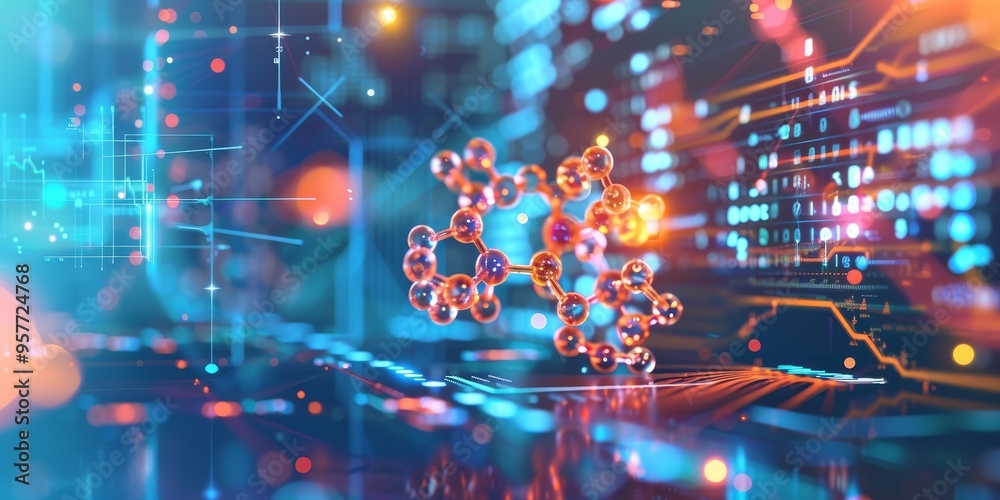 Poster Dynamic 3D rendering of a molecular structure, set against a backdrop of scientific data and laboratory settings