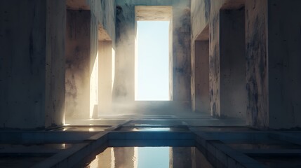 Naklejka premium Misty, sunlit concrete hallway with reflective floor and tall window. Suitable for website backgrounds, architectural designs, interior decor concepts.