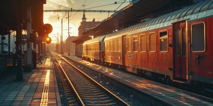 Regional train waiting for passengers at platform at the railway station Railway transport