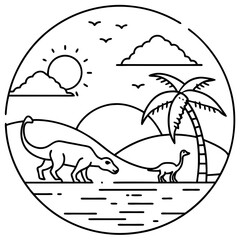 Prehistoric sunset with dinosaurs on the horizon