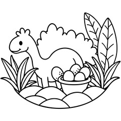 Dinosaur nest with eggs in a lush forest