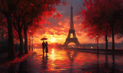 Eiffel Tower in Autumn Sunset with Couple Holding Umbrellas