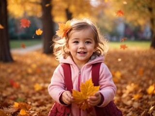 cute happy baby in autumn leaf background