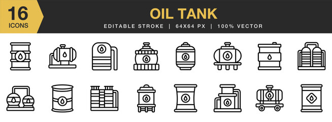 Oil Tank icon set. Editable Stroke Icon Collection. Includes Barrel, Cask, Fuel, Oil, Petrol, Roll, Tank, and More. Outline icons vector collection.