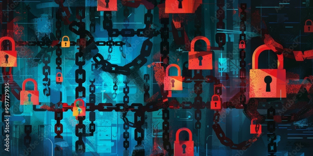 Poster graphic depiction of internet censorship with locked websites and restricted access symbols