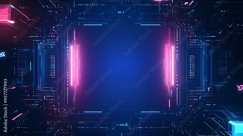 Poster abstract futuristic circuit board with glowing pink and blue lines