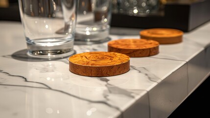 Coasters: Functional accessories placed under glasses to shield tables from moisture and stains, made from materials like cork, wood, or metal.
