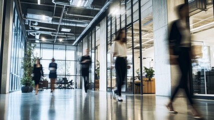 Blurred Crowd of Business People Walking in an Corridor. Motion Blur and Bokeh Effect