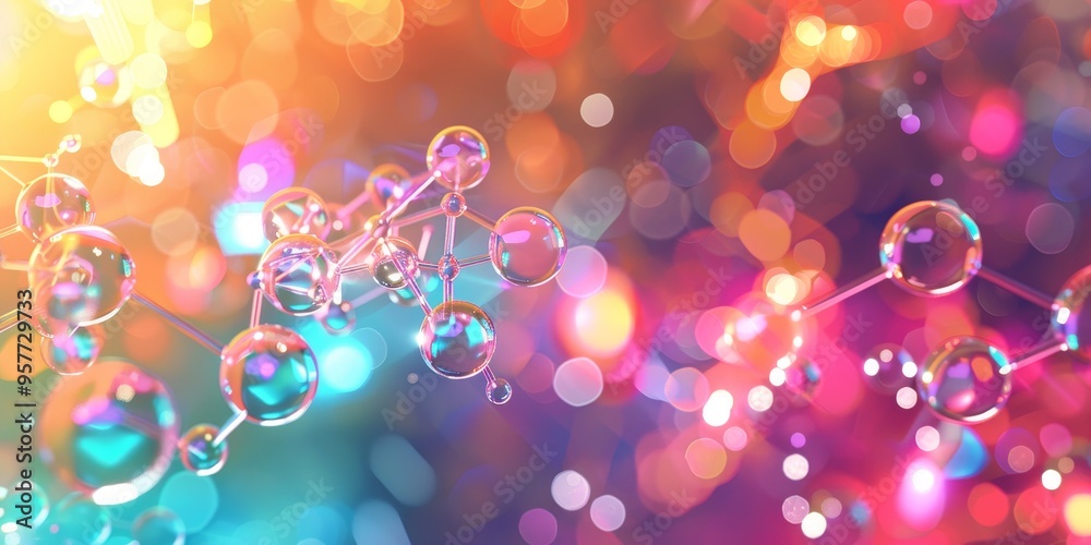Poster abstract representation of molecular structures in vibrant colors, placed over a futuristic digital 