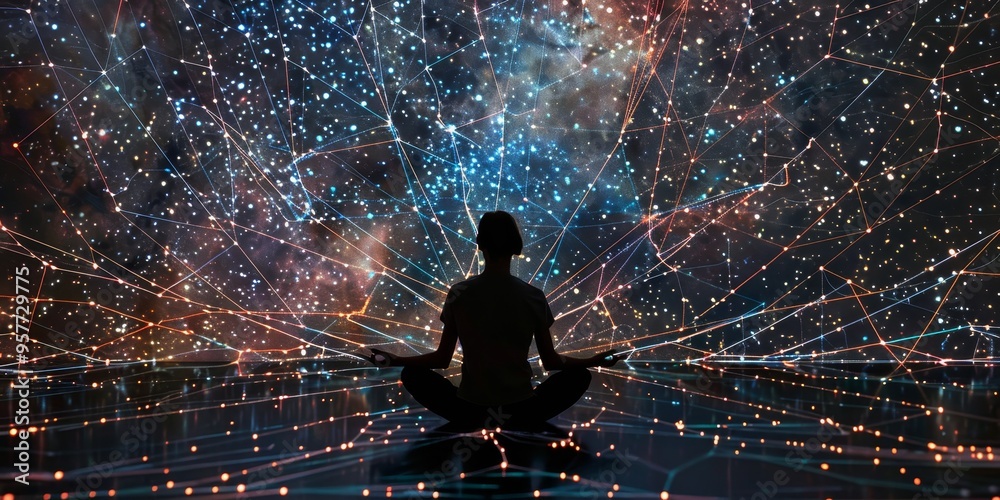 Poster a stunning image of a person meditating at the center of a cosmic web, with each thread connecting t