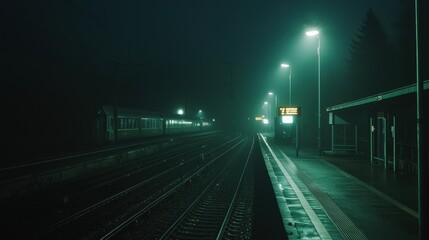 Train Station at Night with Fog and Streetlights