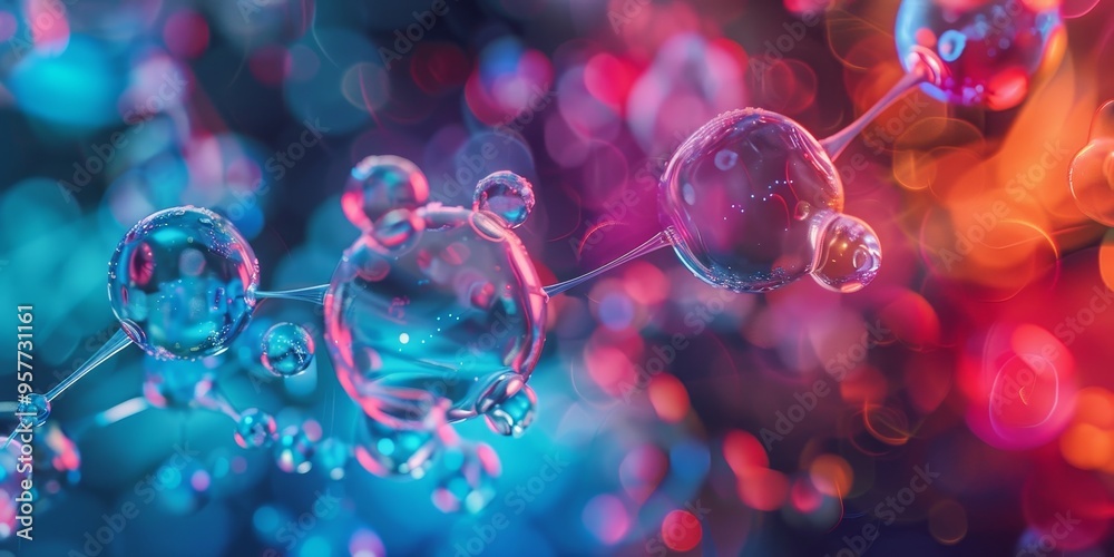 Poster abstract representation of molecular structures in vibrant colors, placed over a futuristic digital 